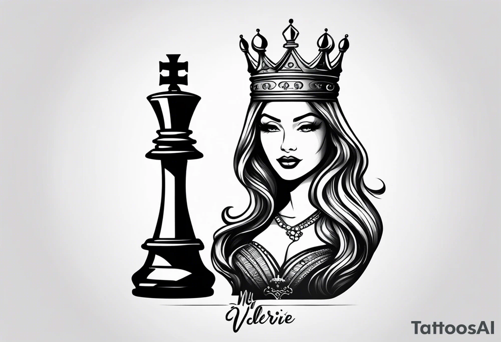 Queen chess piece with the words my queen Valerie on the side tattoo idea