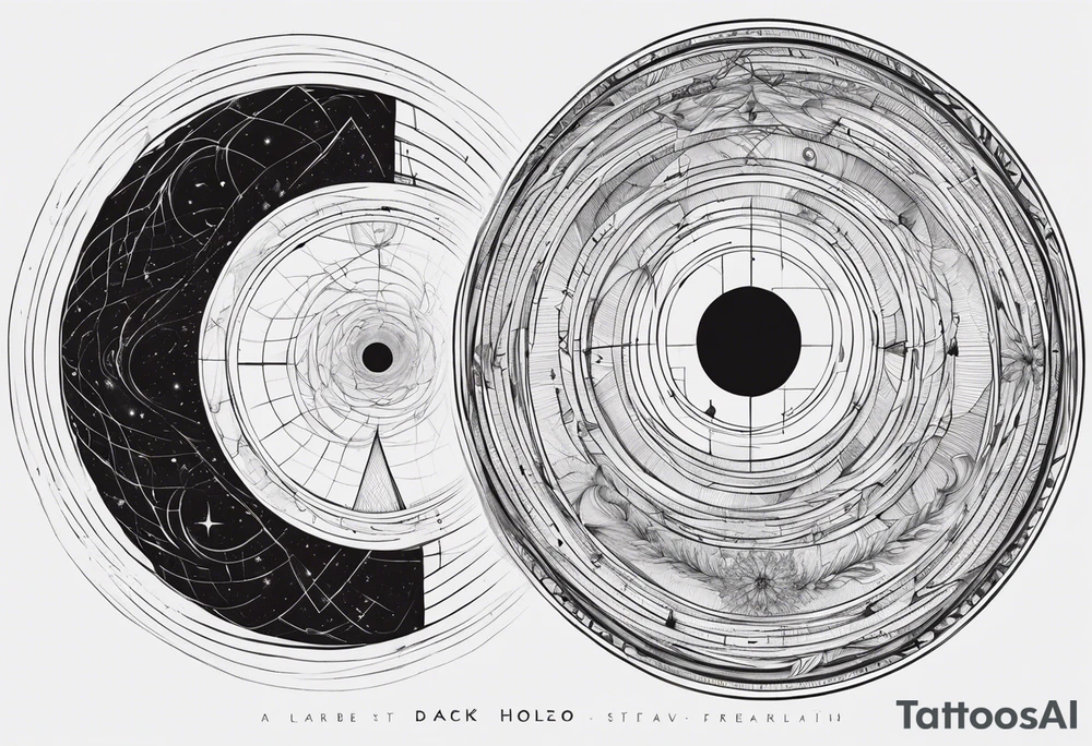 a tattoo for the forearm : a black hole, a representation of the golden number, general relativity, Bohr’s model, a fractal and a symbol to represent the archangel Gabriel tattoo idea