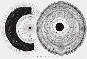 a tattoo for the forearm : a black hole, a representation of the golden number, general relativity, Bohr’s model, a fractal and a symbol to represent the archangel Gabriel tattoo idea