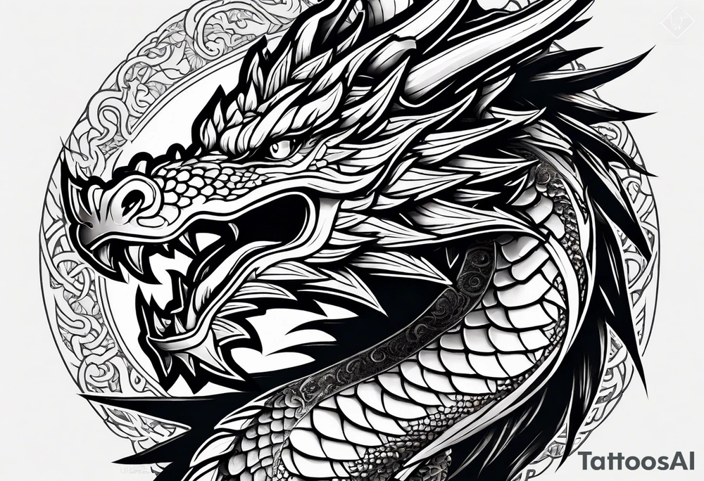 An ornate dragon breathing fire, with intricate scales and a fierce expression, symbolizing power and protection.” tattoo idea