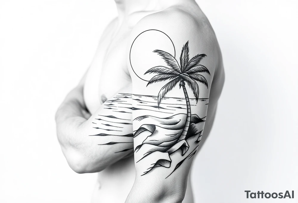 fine line, peaceful, serene, timeless, ocean, sand, palm tree, sun tattoo idea
