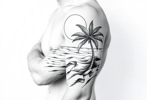 fine line, peaceful, serene, timeless, ocean, sand, palm tree, sun tattoo idea