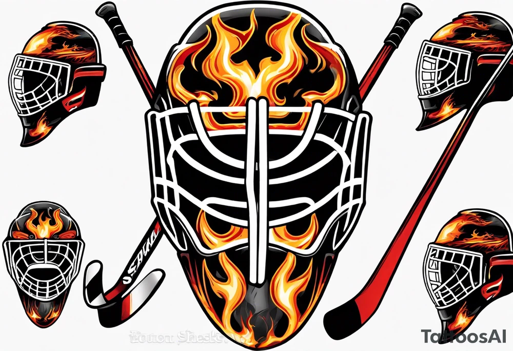 a goalie mask and crossed hockey sticks with flames that says "SHOT HOCKEY" tattoo idea