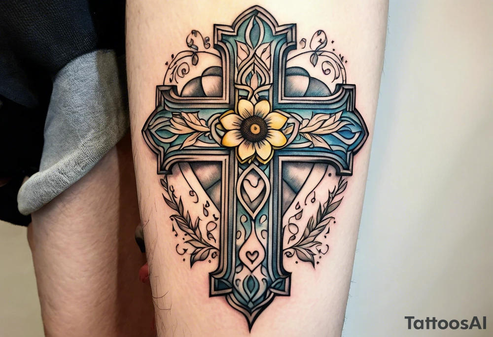 A cross with my family’s names on it names are Peter Lori Kyle and around Peter’s name put a motercycle and a bear around loris name put a sunflower and a heart and around Kyle’s name put a baseball and electricity tattoo idea