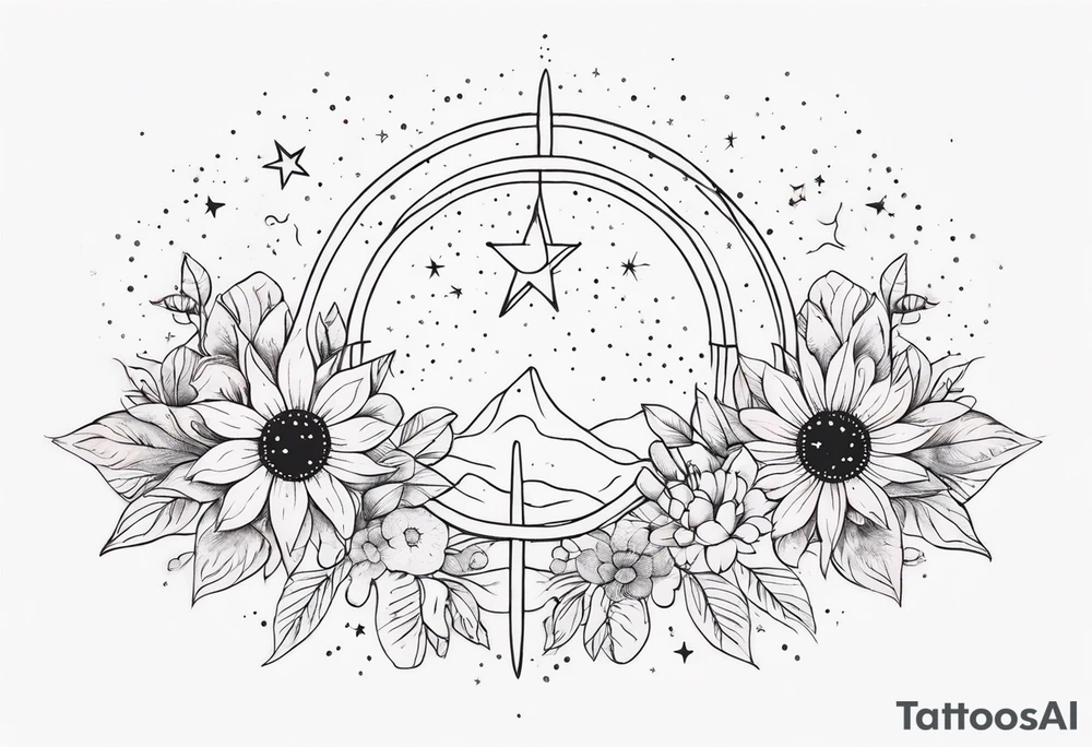 fine line with sun, stars, floral, dots. Sternum tattoo tattoo idea