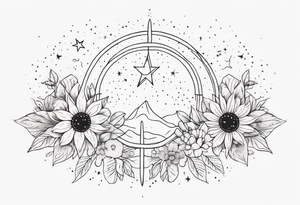 fine line with sun, stars, floral, dots. Sternum tattoo tattoo idea
