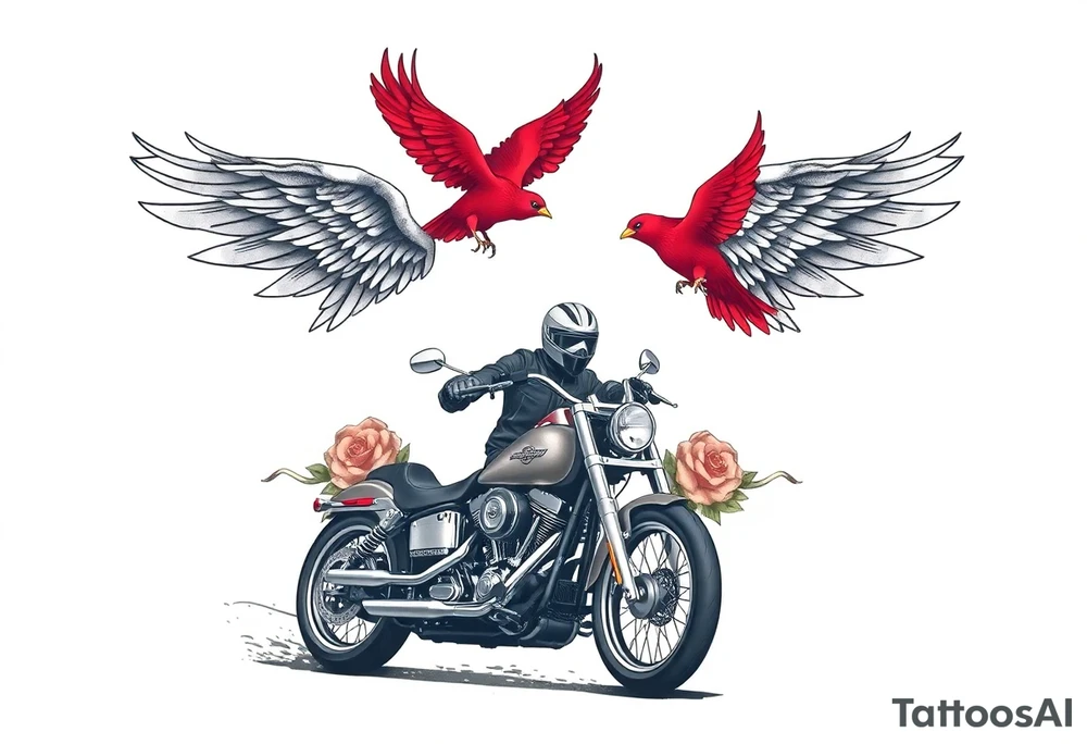 Harley grey motorcycle driving away, two red birds flying, roses, flames, angel wings tattoo idea