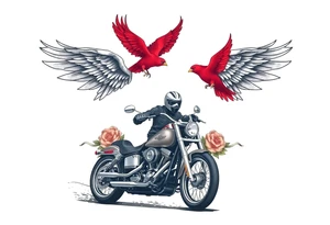 Harley grey motorcycle driving away, two red birds flying, roses, flames, angel wings tattoo idea