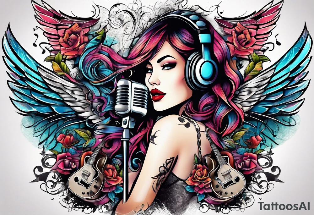 Microphone and musical notes and guitar and wings and female tattoo idea