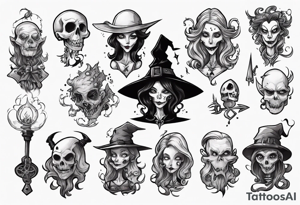 a Tim Burton-style witch necromancer rpg tattoo idea