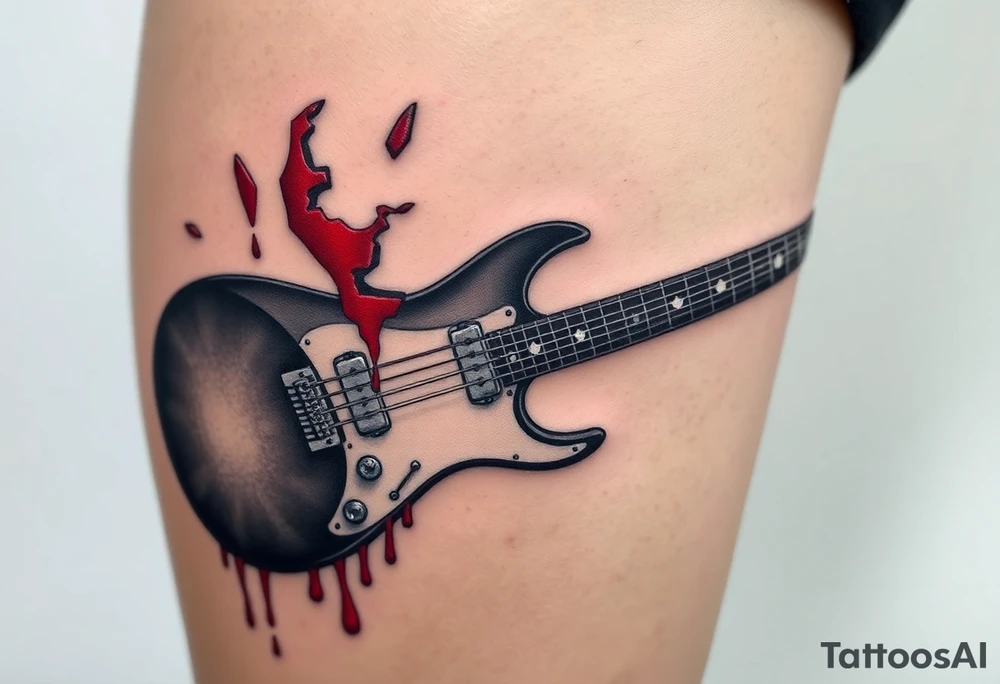 A jagged, shattered electric guitar, with a blood-red hue dripping from the broken edges, symbolizing chaos and intensity tattoo idea