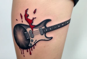 A jagged, shattered electric guitar, with a blood-red hue dripping from the broken edges, symbolizing chaos and intensity tattoo idea