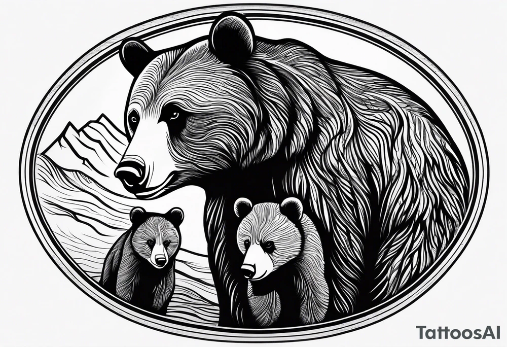 mother bear and cub enclosed in oval looking at each other tattoo idea