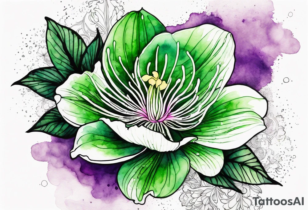 An outline of a rio dipladenia flower with a mystical green/purple watercolor splash in the background tattoo idea
