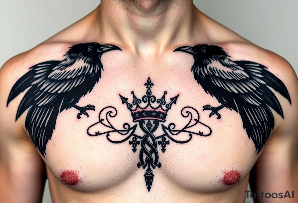 Chest tattoo, two ravens and icelandic symbols, dark brest tattoo, crown betwen ravens tattoo idea
