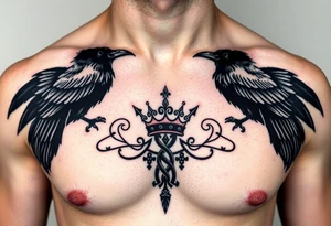 Chest tattoo, two ravens and icelandic symbols, dark brest tattoo, crown betwen ravens tattoo idea