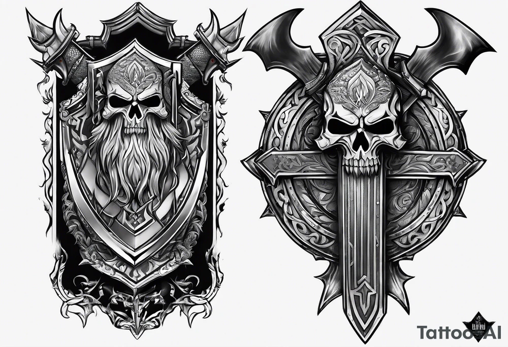 Valhalla sword shield axe mist fog tattoo idea