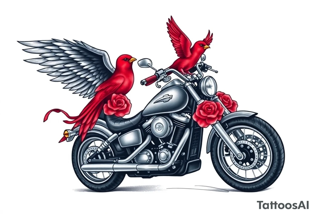 Harley grey motorcycle driving away, two red birds flying, roses, flames,angel wings tattoo idea