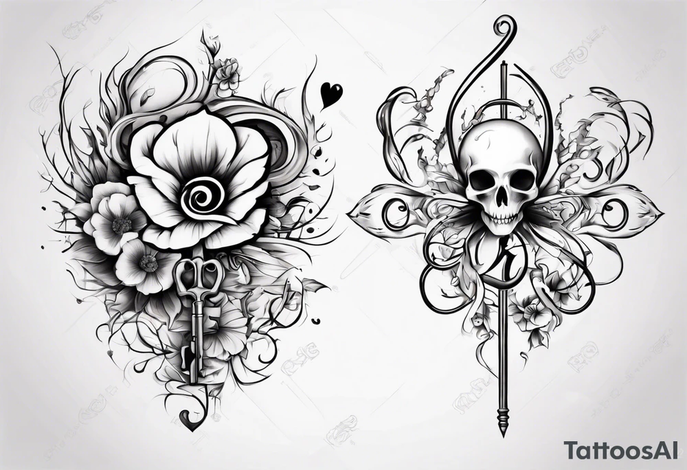 Couple tattoo love cancer horoscope key flower tattoo idea