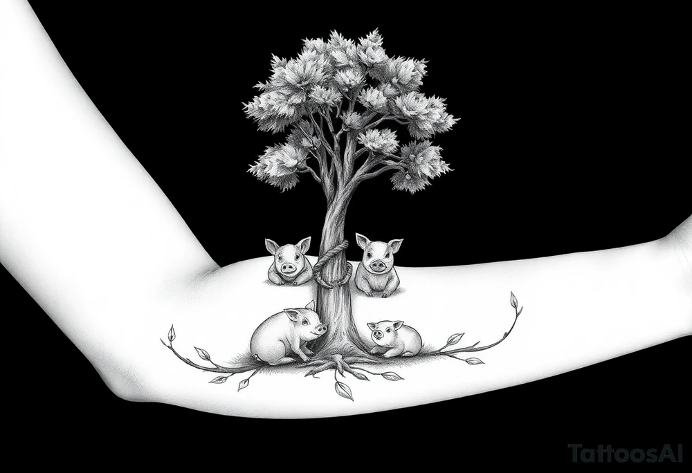 3 little piggy's hiding under a a tree tattoo idea