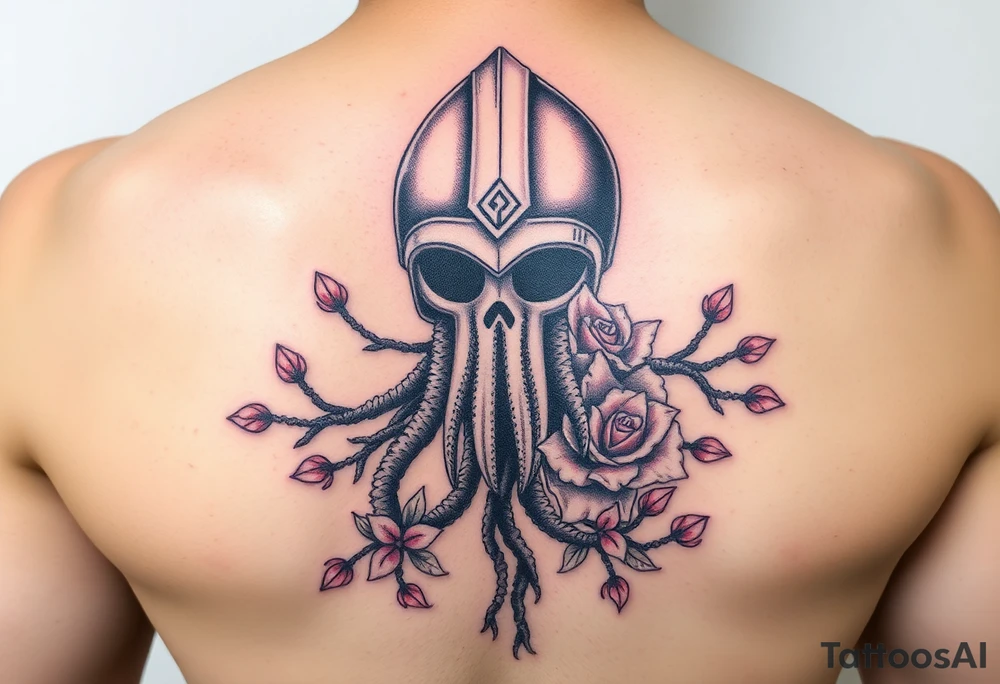 squid knight helmet combined with tree roots, cherry blossoms and roses rolling dice tattoo idea
