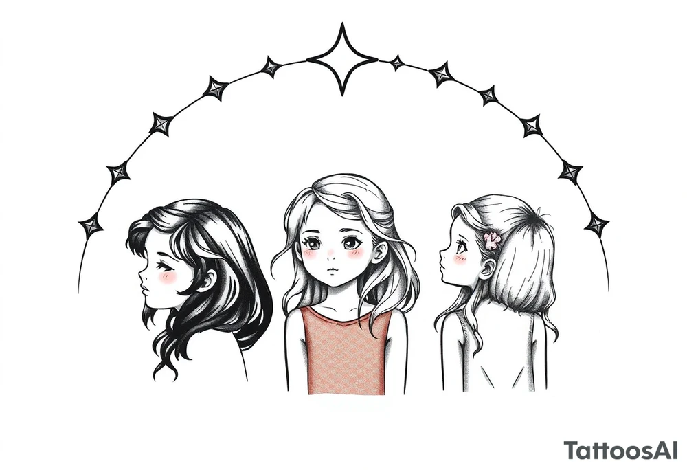 3 petites filles ( une cheveux noir et deux blondes)
sous un arc en ciel incomplet tattoo idea