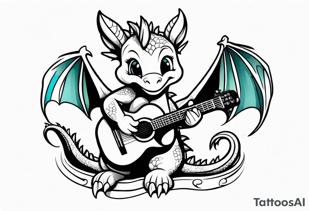 cute baby dragon with guitar tattoo idea
