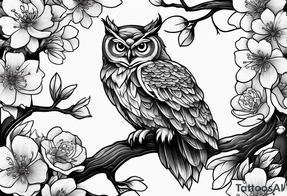 Owl and cherry blossoms tattoo idea