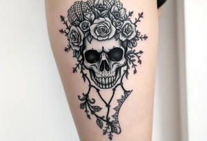 ornate skull adorned with crown of wild roses and thorns overlaid lace curtain design tattoo idea
