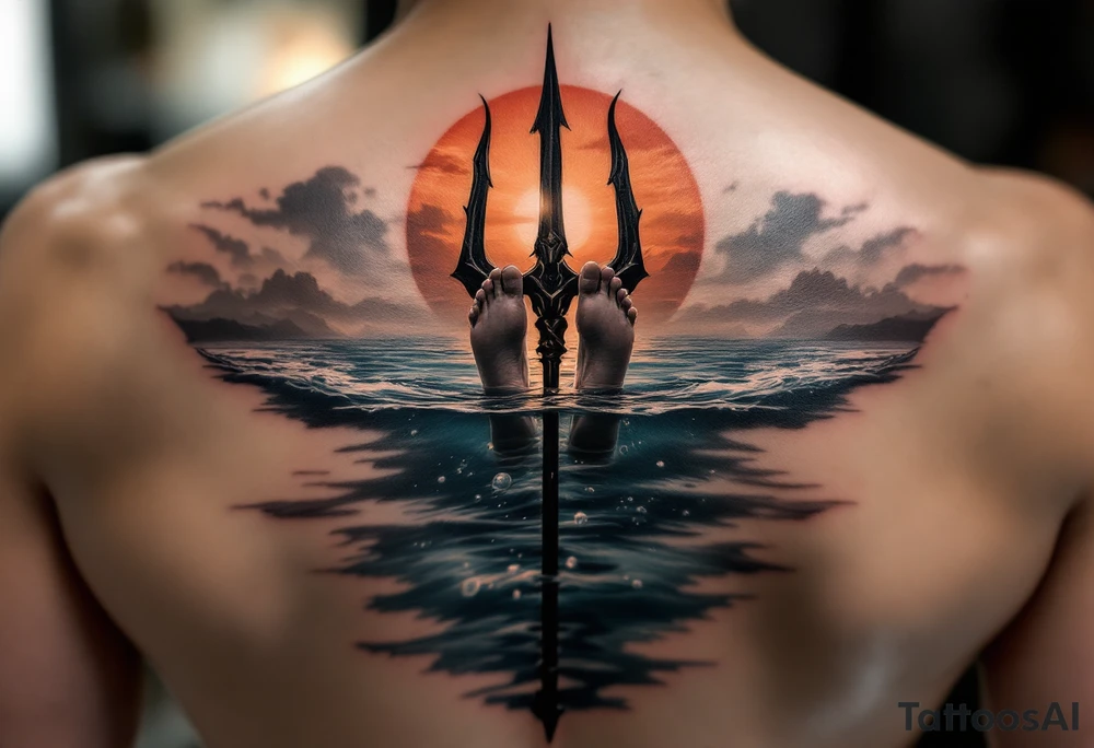barefeet behind trident half way under water and sunset tattoo idea