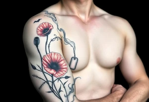 army inspired loss of friends, 2 red poppy’s, and smoke with dog tags in a field of fire tattoo idea