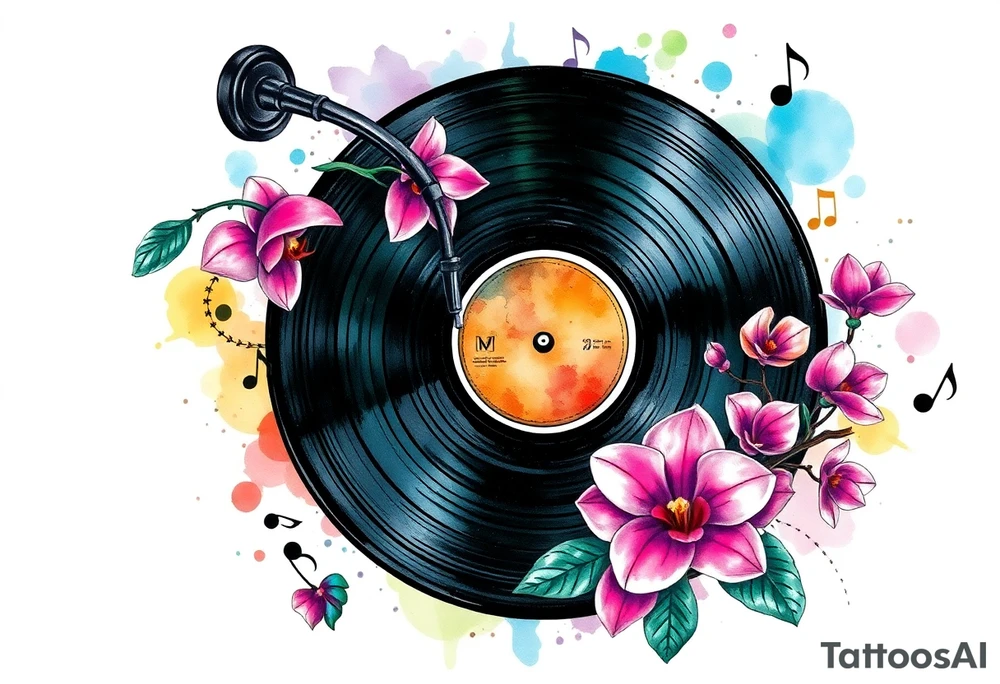 vinyl record player with mushrooms, orchids, and music notes around it tattoo idea