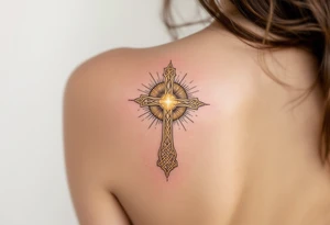 A golden Celtic cross with a radiant sunburst behind it, symbolizing enlightenment and spiritual awakening. tattoo idea