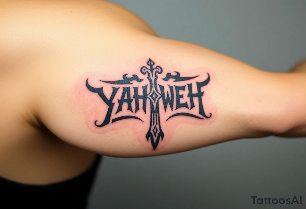 letters YAHWEH and a cross tattoo idea
