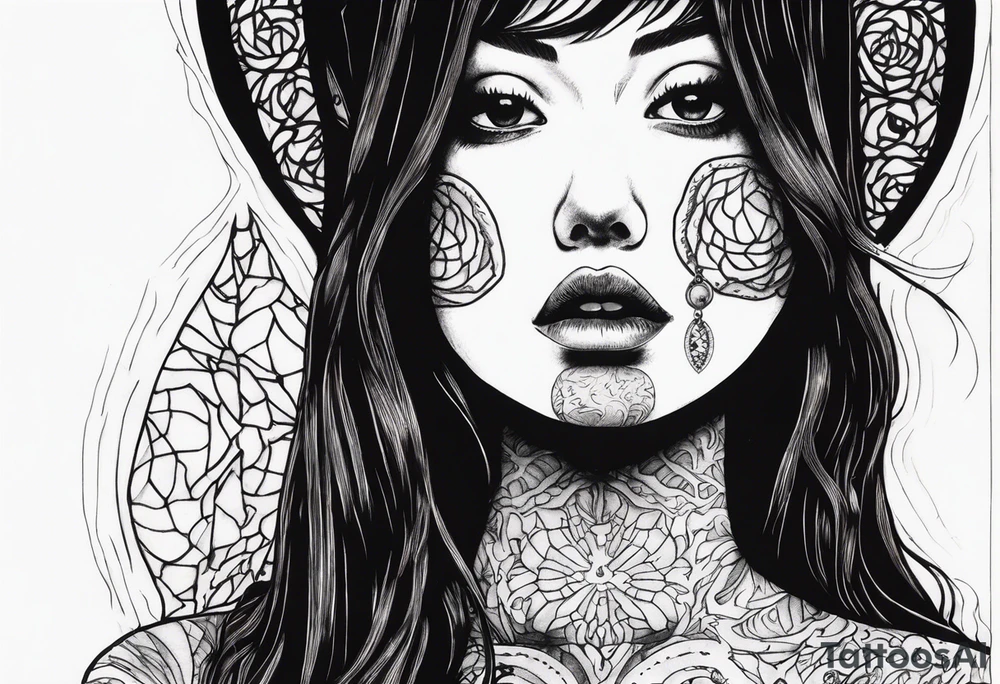 portrait of tomie a character by the horror author junji ito full body standing menacingly.  a mole below her left eye.  add more horror and gore elements tattoo idea