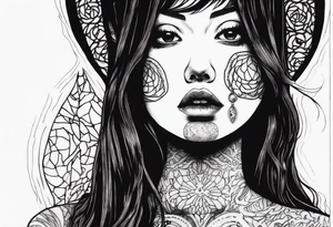 portrait of tomie a character by the horror author junji ito full body standing menacingly.  a mole below her left eye.  add more horror and gore elements tattoo idea