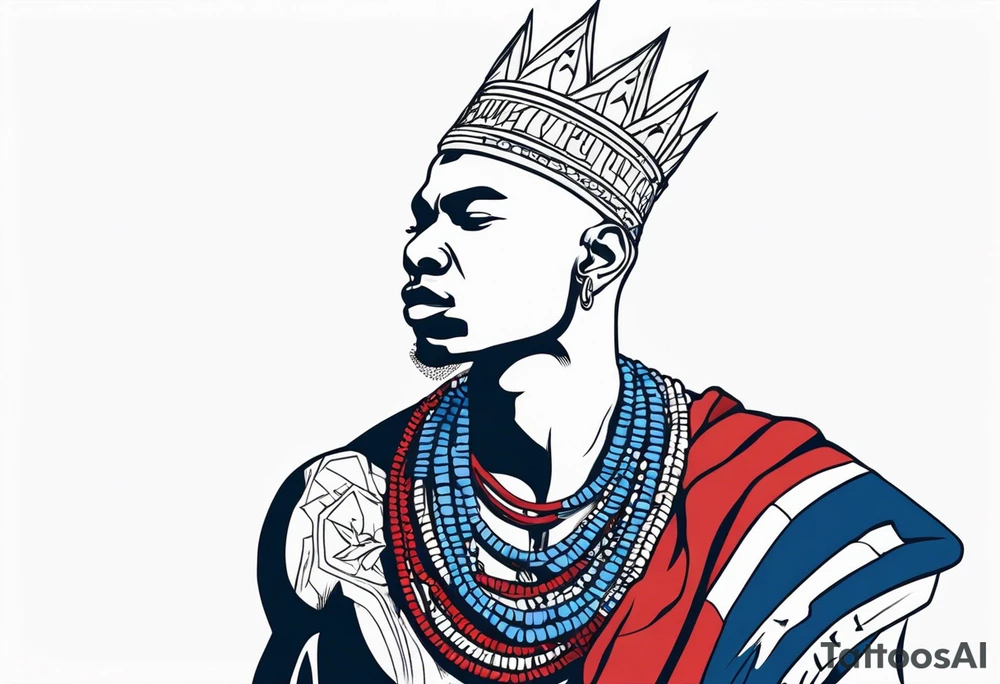 Black-skinned bald african warrior. He wears a simple and small silver crown. He uses two simple necklaces: one blue, other red. He has cowry shells in his crown tattoo idea