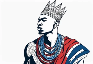 Black-skinned bald african warrior. He wears a simple and small silver crown. He uses two simple necklaces: one blue, other red. He has cowry shells in his crown tattoo idea
