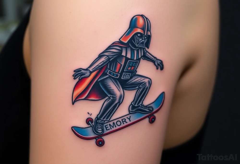 Darth Vader skateboarding >
blue & red
skateboard words "Darth Carter"
MEMORY 12/29/88-01/06/24 tattoo idea
