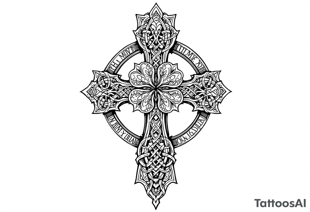 an irish inspired celtic cross with a four leaf clover in the middle surrounded by celtic knots and roman numerals with complex patterns outside of the cross tattoo idea