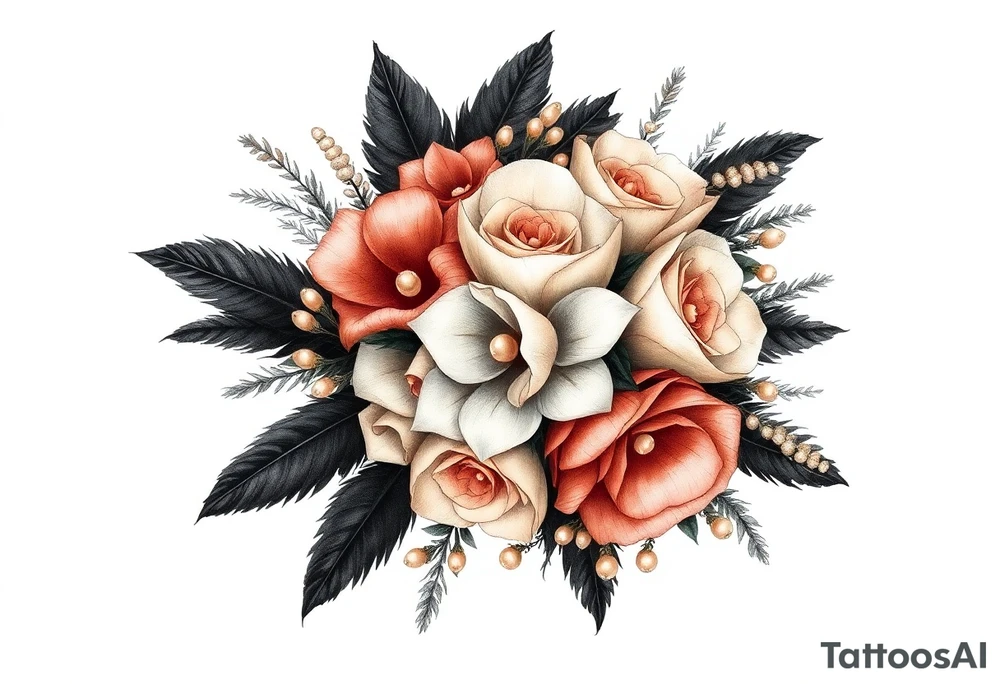 A wedding bouquet of black , cream and  rosegold flowers surrounded by black feathers as the wrapping with one single pearl along the spine of each feather tattoo idea