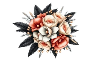 A wedding bouquet of black , cream and  rosegold flowers surrounded by black feathers as the wrapping with one single pearl along the spine of each feather tattoo idea