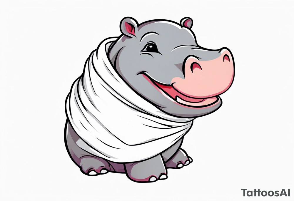 Baby hippopotamus sitting wrapped in a swaddle laughing tattoo idea