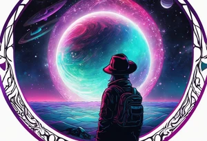 Full Back, synthwave, colossal Alien entities and space stuff, small human on The foreground in awe of The sheer scale of The infinite universe tattoo idea