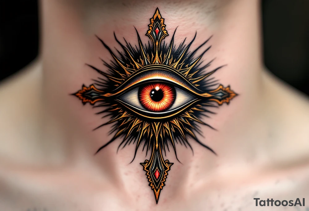 A crimson and gold Eye of Ra shining with fierce solar power, surrounded by subtle rays. tattoo idea