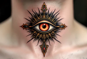 A crimson and gold Eye of Ra shining with fierce solar power, surrounded by subtle rays. tattoo idea