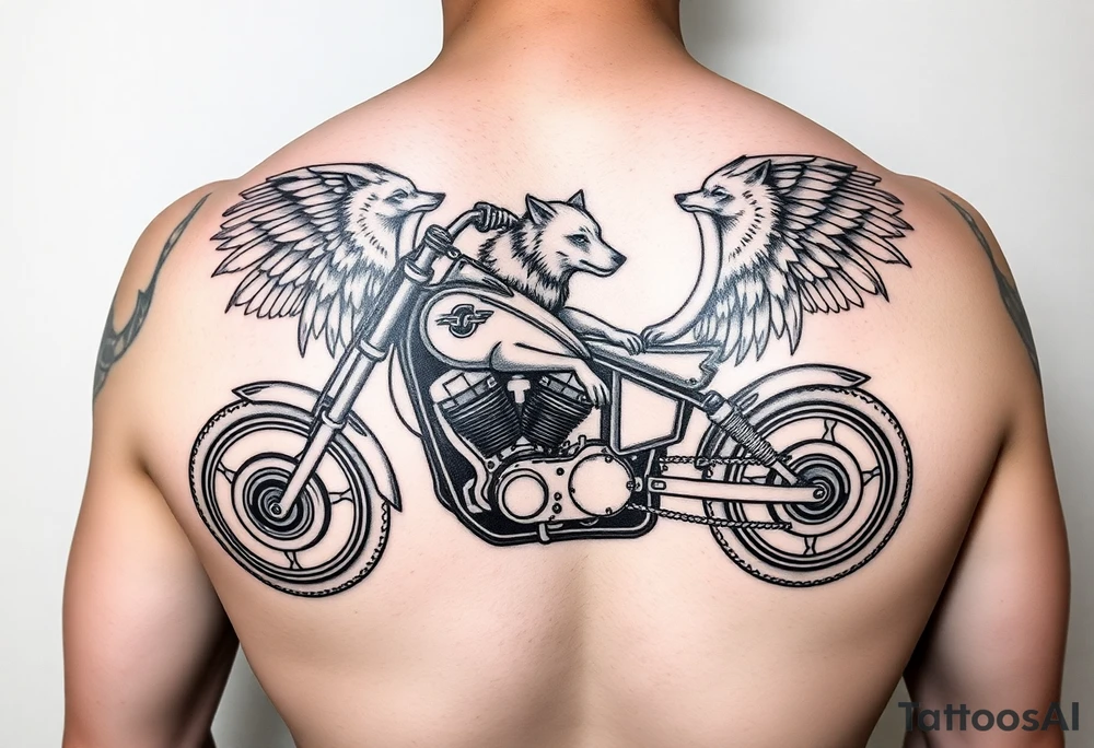 a motorcycle on it with guardian angel wolves on the bike tattoo idea