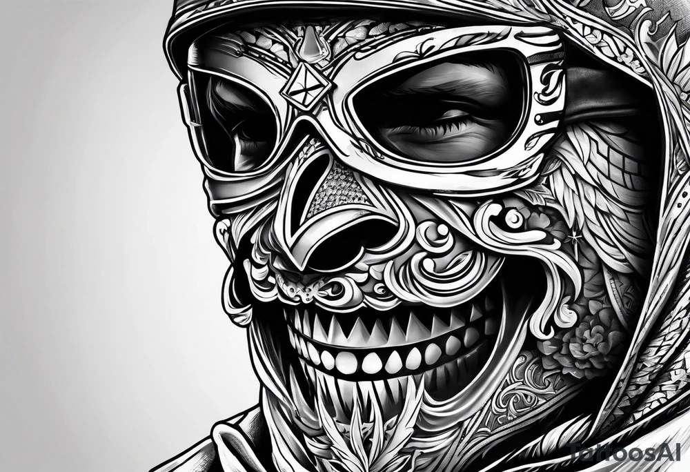 Ski mask biting money tattoo idea
