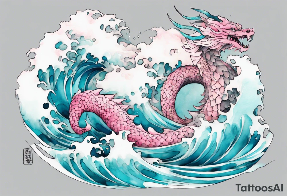 a beautiful turquoise pink and white sea  Fafnir rising from the blue waves of the ocean tattoo idea
