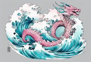 a beautiful turquoise pink and white sea  Fafnir rising from the blue waves of the ocean tattoo idea